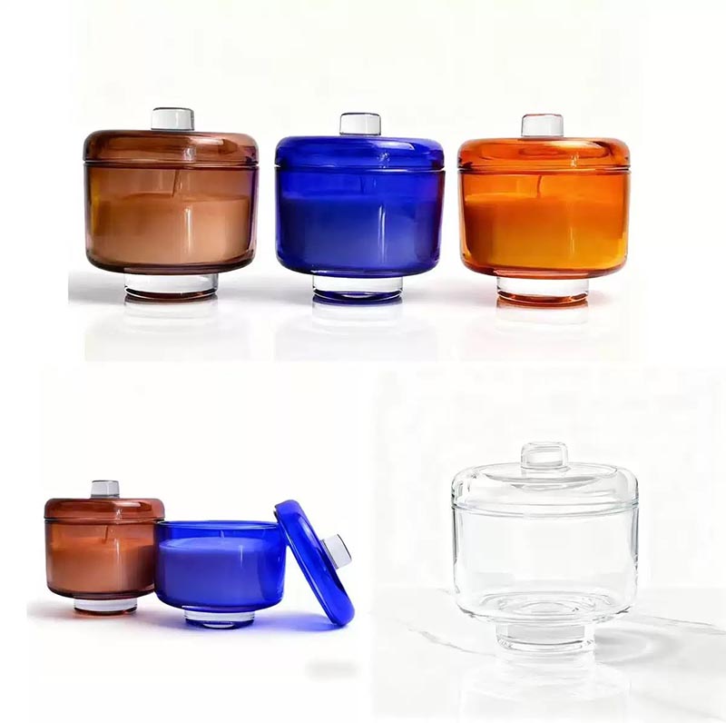 Customized Color Glass Candle Jar with Lid and High Platform