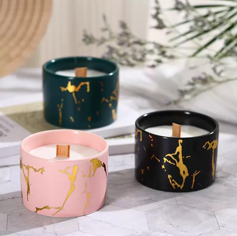 Ceramic Candle Vessel with Gold Stamping