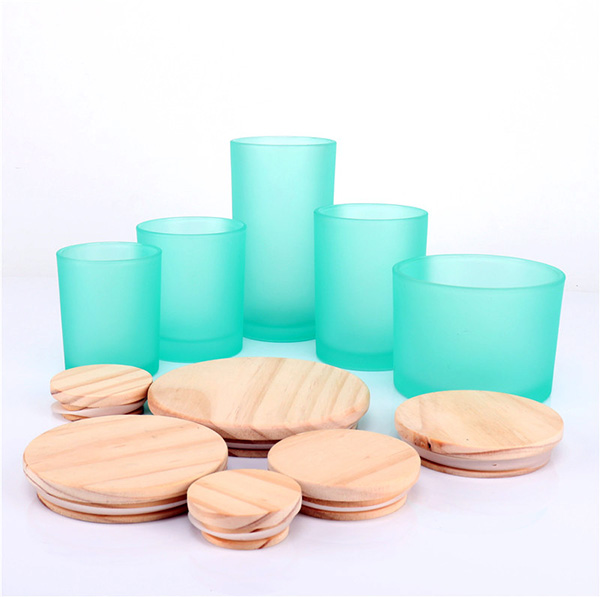 12oz Frosted Blue Glass Triple Wicks Candles Jars With Wooden Lids