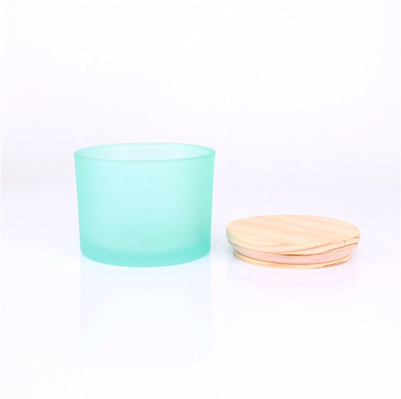 12oz Frosted Blue Glass Triple Wicks Candles Jars With Wooden Lids