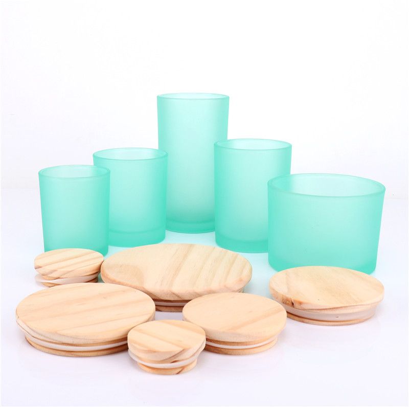 12oz Frosted Blue Glass Triple Wicks Candles Jars With Wooden Lids