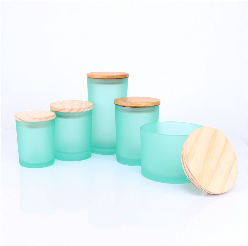 12oz Frosted Blue Glass Triple Wicks Candles Jars With Wooden Lids