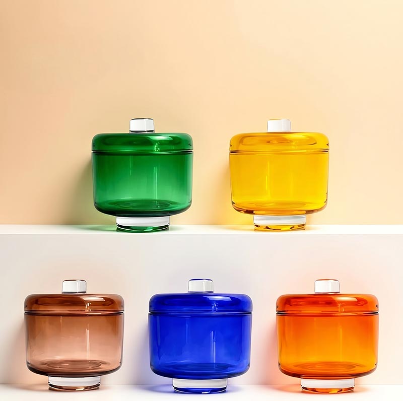 Customized Color Glass Candle Jar with Lid and High Platform