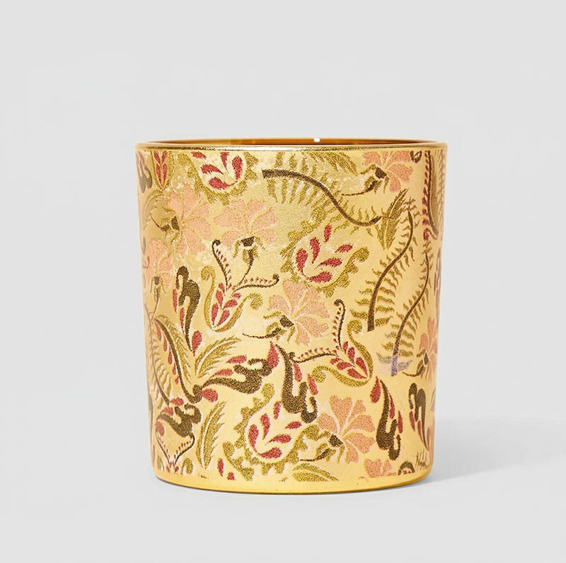 Electroplating Golden Glass Candle Jar with Customized Decal