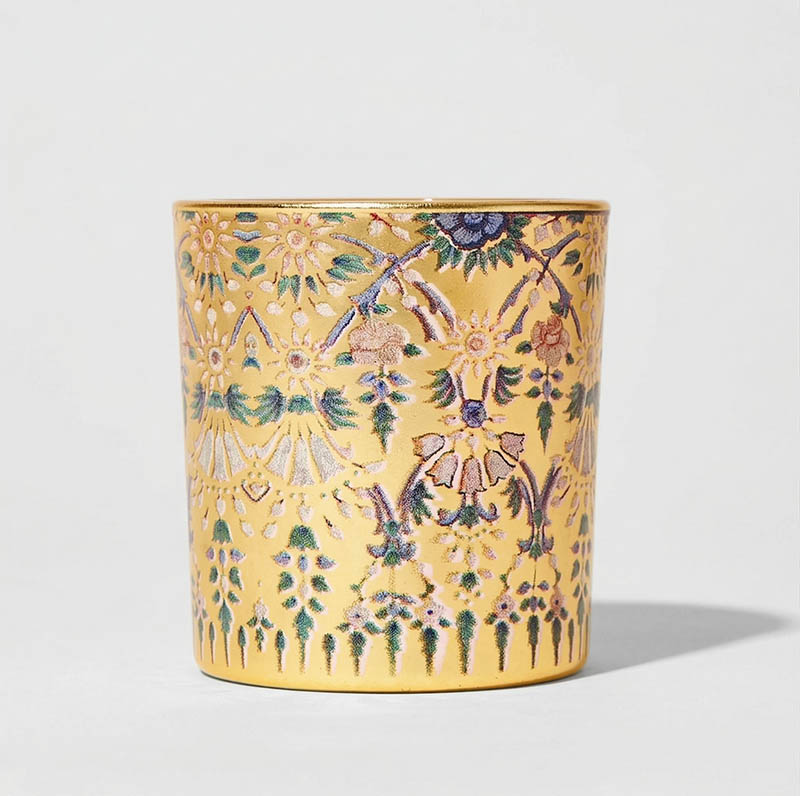 Electroplating Golden Glass Candle Jar with Customized Decal