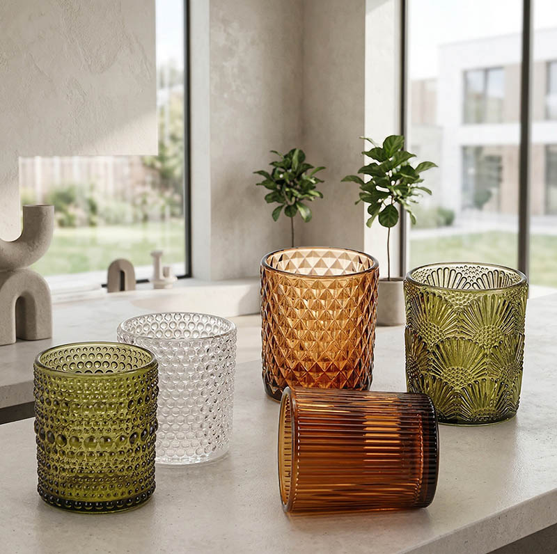 Morden Glass Jar with Embossed Pattern for Home Decoration
